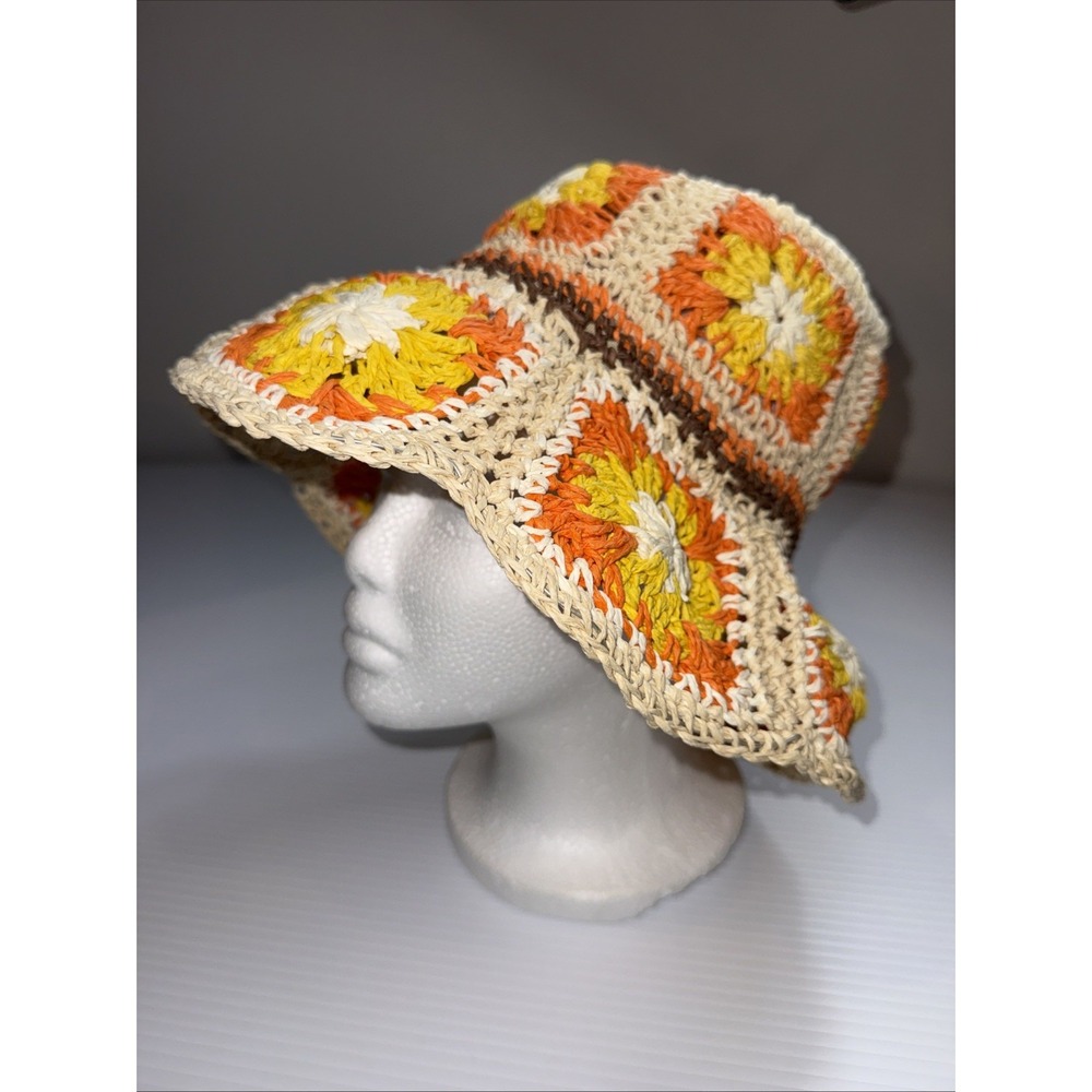 Steve Madden Orange Granny Square Bucket Hat Boho Cottagecore Hippie Paperyarn
